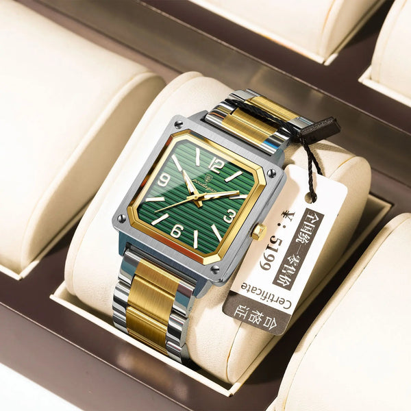 POEDAGAR 870 Big Dial Square Quartz Watch — Day/Date, Stainless, 3BAR