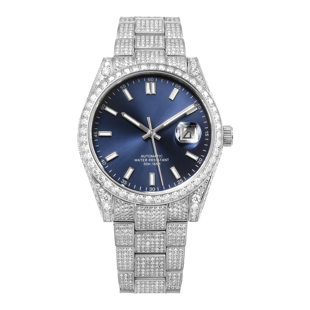 Premium Iced Out Moissanite Automatic Watch — 43mm, Sapphire, Day/Date