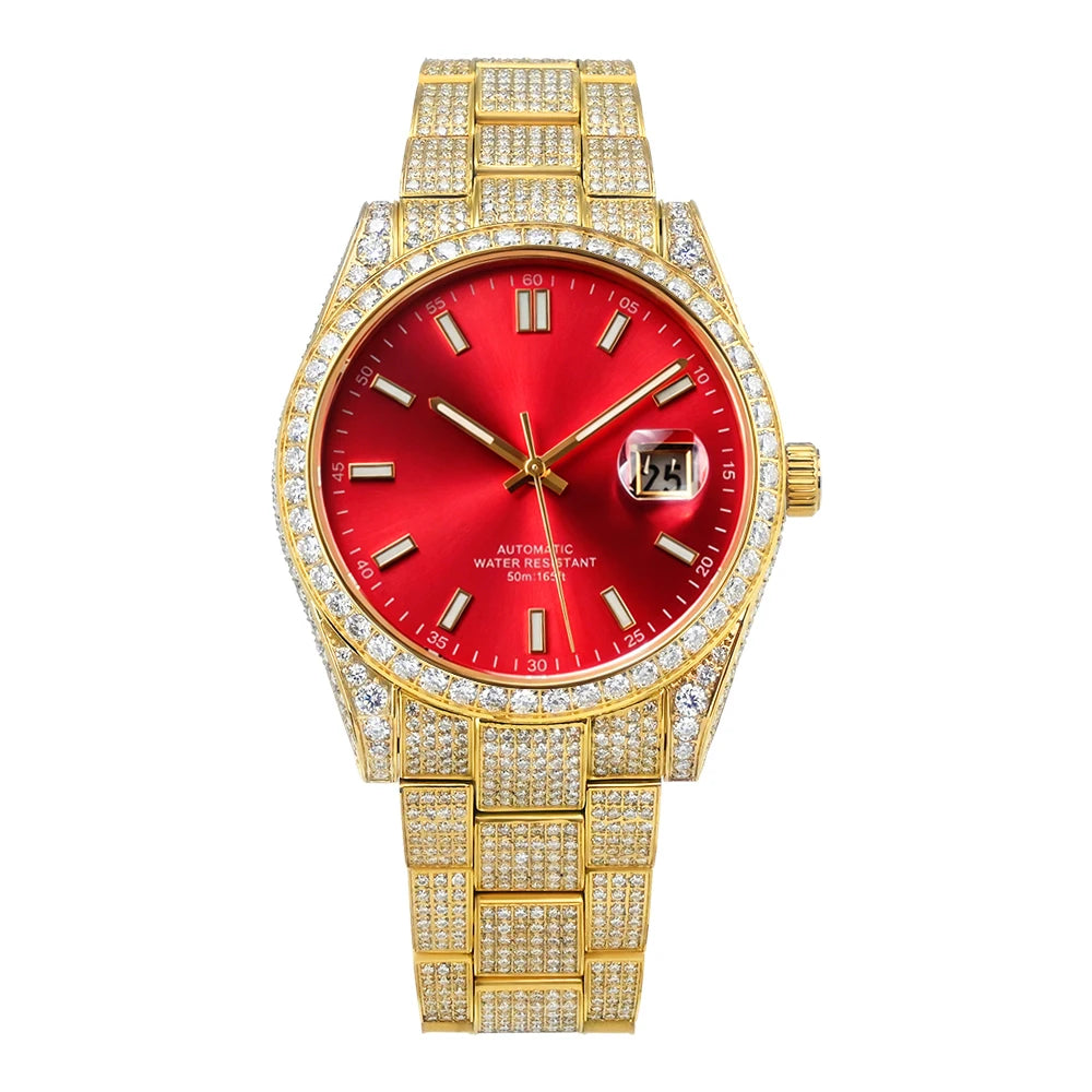 Premium Iced Out Moissanite Automatic Watch — 43mm, Sapphire, Day/Date