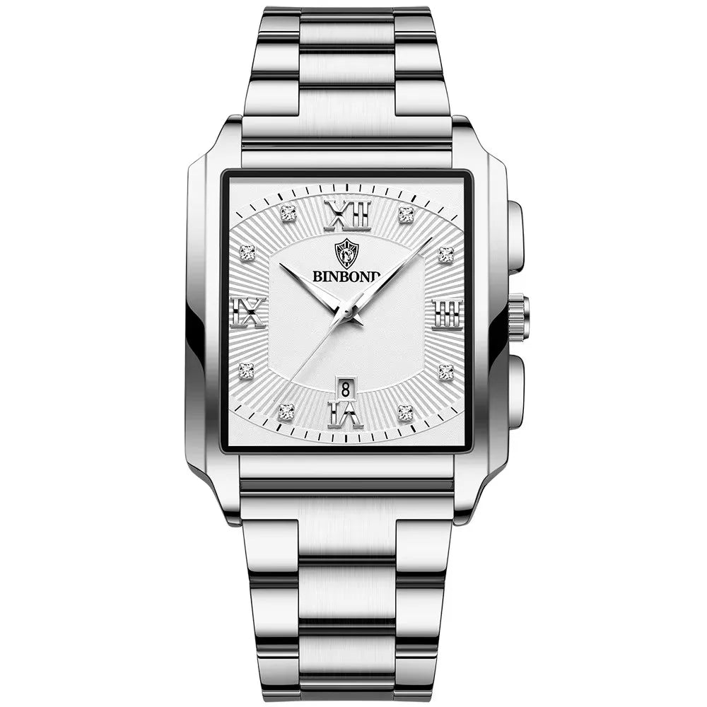 BINBOND B4143 Square Quartz Watch — 43mm, Luminous, Day/Date, 3BAR