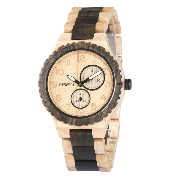 BEWELL Natural Wood Quartz Watch — 45mm, Japanese Movement