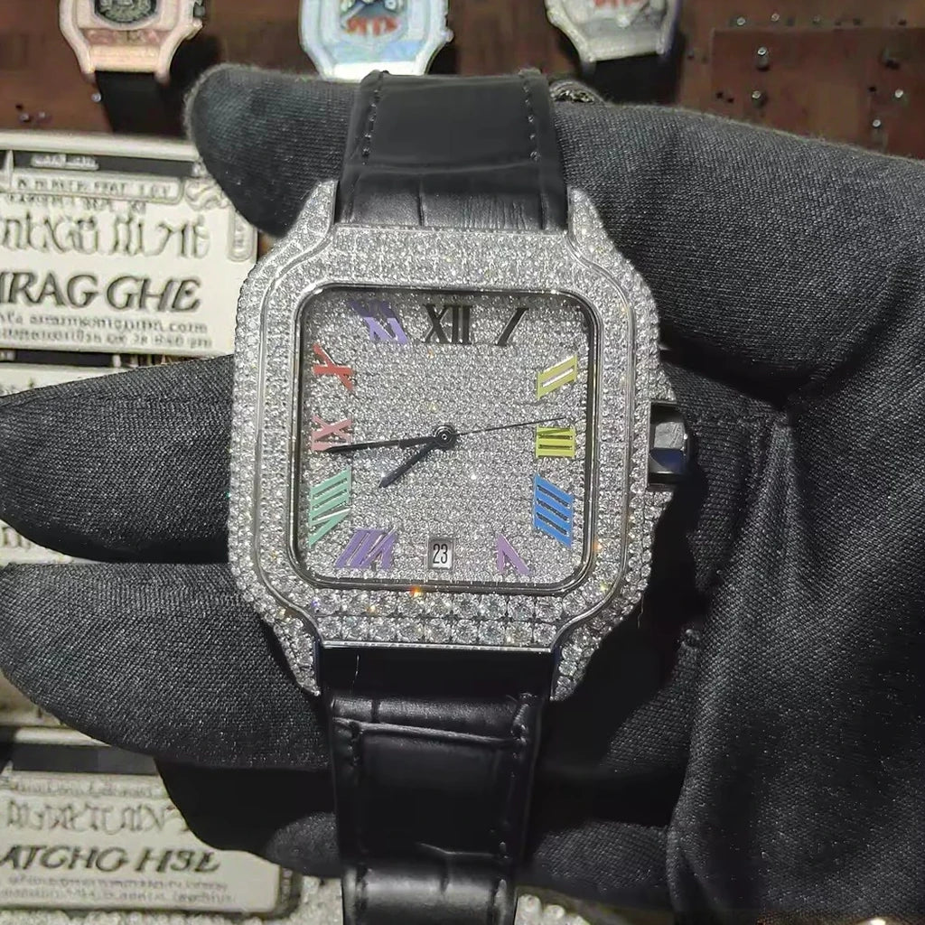 Hip Hop Square Moissanite Watch — Automatic, Leather Strap, Sapphire