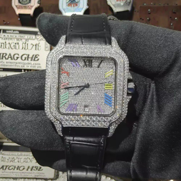 Hip Hop Square Moissanite Watch — Automatic, Leather Strap, Sapphire