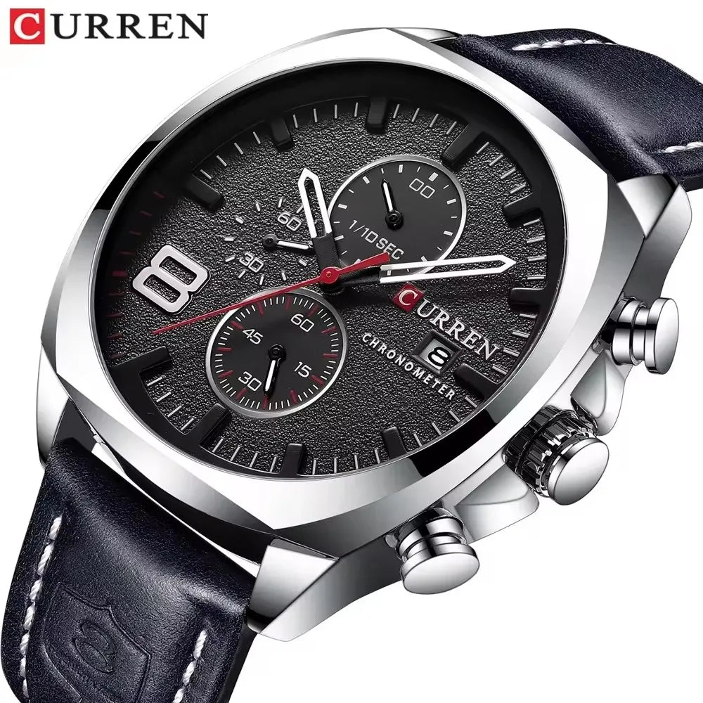 CURREN 8324 Chronograph Leather Quartz Watch — 45mm, Luxury Fashion