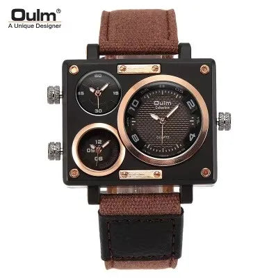 Oulm 3595 Large Dial Dual Time Zone Quartz Watch — 50mm Square, Leather
