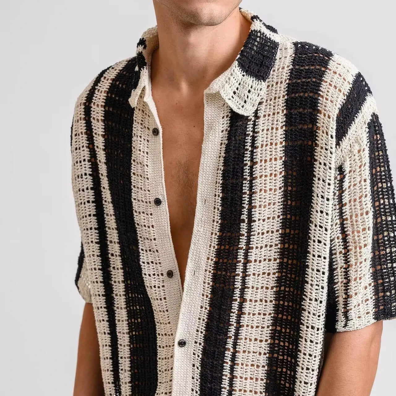 Hollowed Striped Knitted Lapel Shirt for Men in Summer Retro Half Sleeved Casual Shirt Short Sleeve Customization LOGO