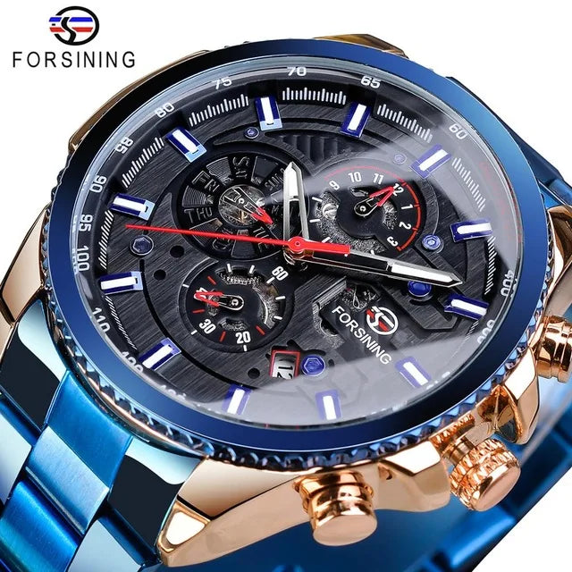 Forsining Three-Dial Automatic Mechanical Watch — 44mm, Day/Date