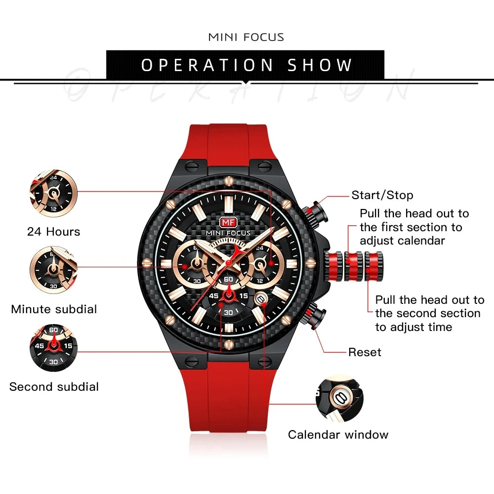 Mini Focus MF0468G Sport Quartz Watch — 44.5mm, Silicone, 3BAR