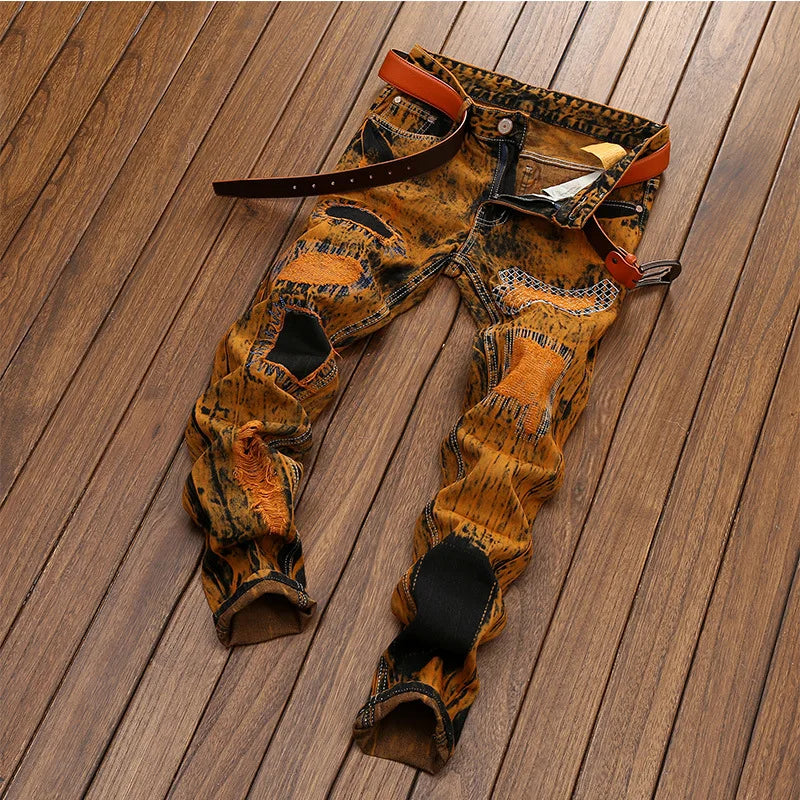 Retro Hole Design Jeans Pant for Men Stylish Pants Men Jeans Tapered Mens Designer Jeans