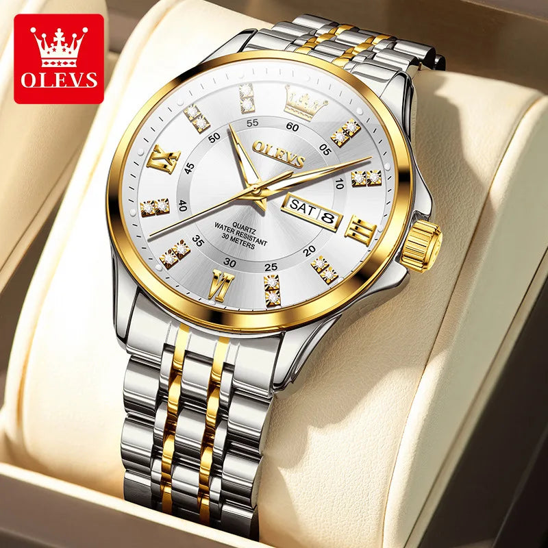 OLEVS 3620 Diamond Chronograph Quartz Watch — 41mm, Auto Date, Luminous