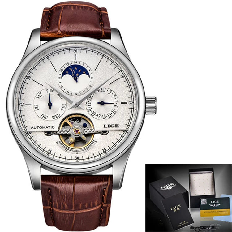 LIGE Skeleton Moon Phase Quartz Watch — 42mm, Leather, Japan Movement