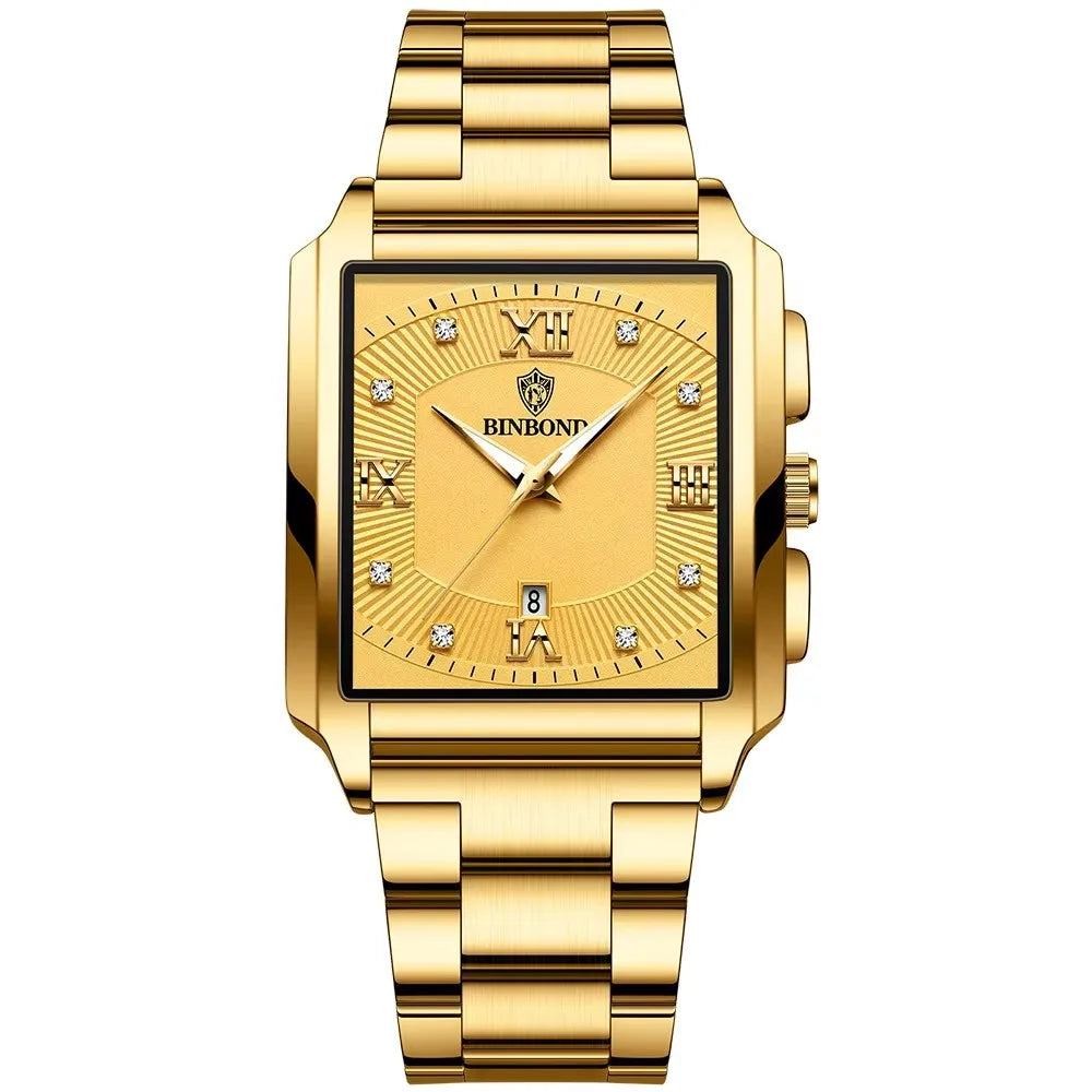 BINBOND B4143 Square Quartz Watch — 43mm, Luminous, Day/Date, 3BAR