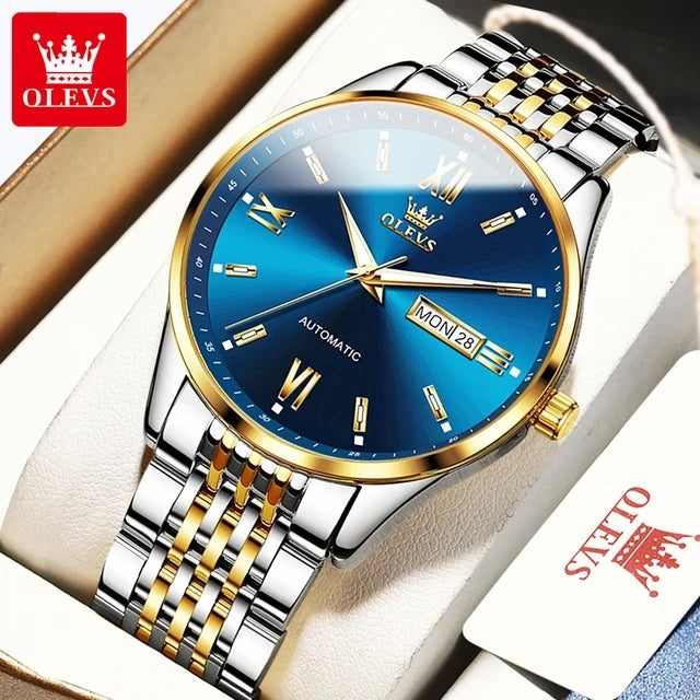 OLEVS 6777 Automatic Mechanical Watch — 40mm, Leather, Full Calendar