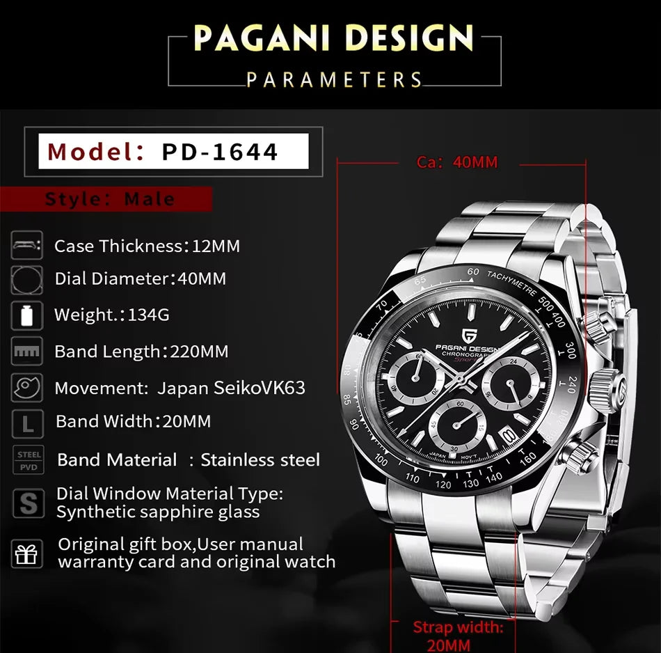 PAGANI DESIGN 1644 Rose Gold Diamond Chronograph Watch — Sapphire, 10BAR
