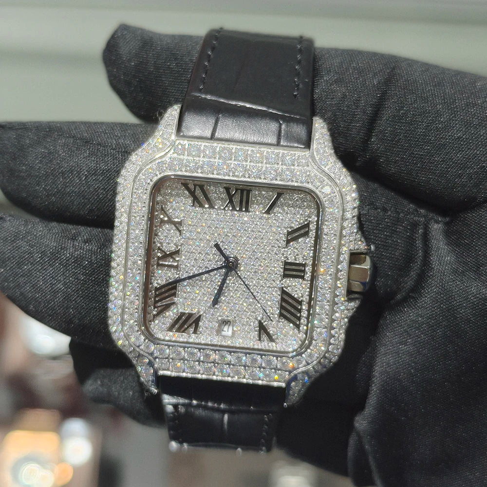 Hip Hop Square Moissanite Watch — Automatic, Leather Strap, Sapphire