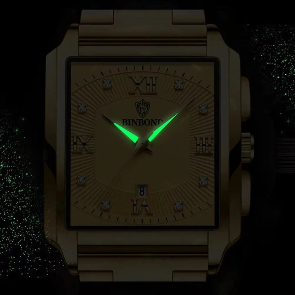 BINBOND B4143 Square Quartz Watch — 43mm, Luminous, Day/Date, 3BAR