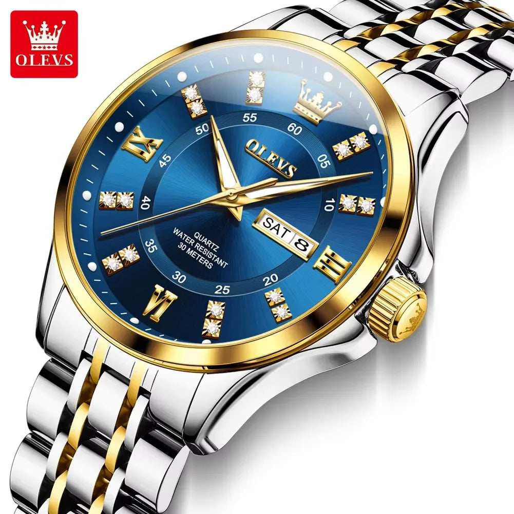OLEVS 3620 Diamond Chronograph Quartz Watch — 41mm, Auto Date, Luminous