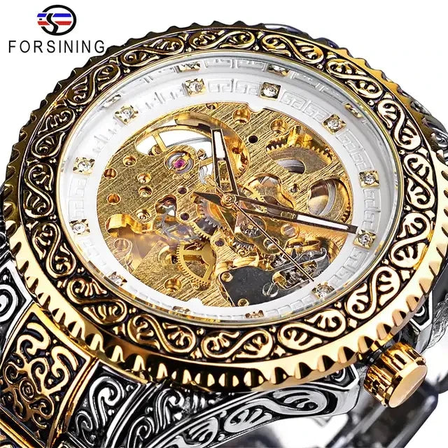 Forsining Gold Diamond Skeleton Automatic Watch — 44mm Oval, Luminous