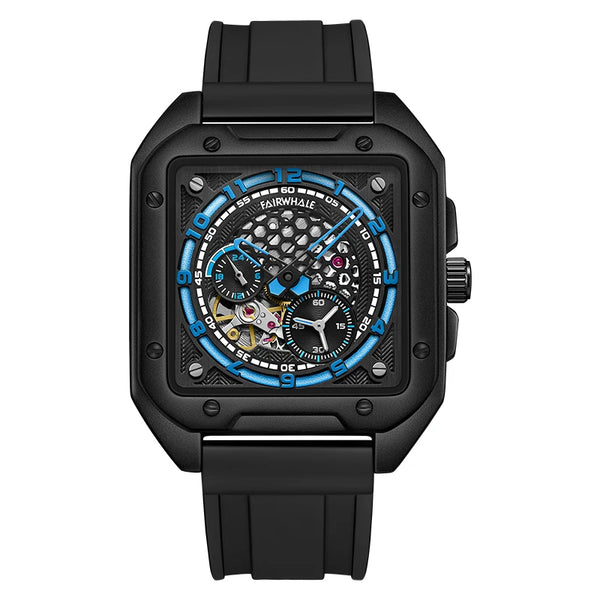 Fairwhale Skeleton Automatic Watch — Square Case, Silicone Strap, 3BAR