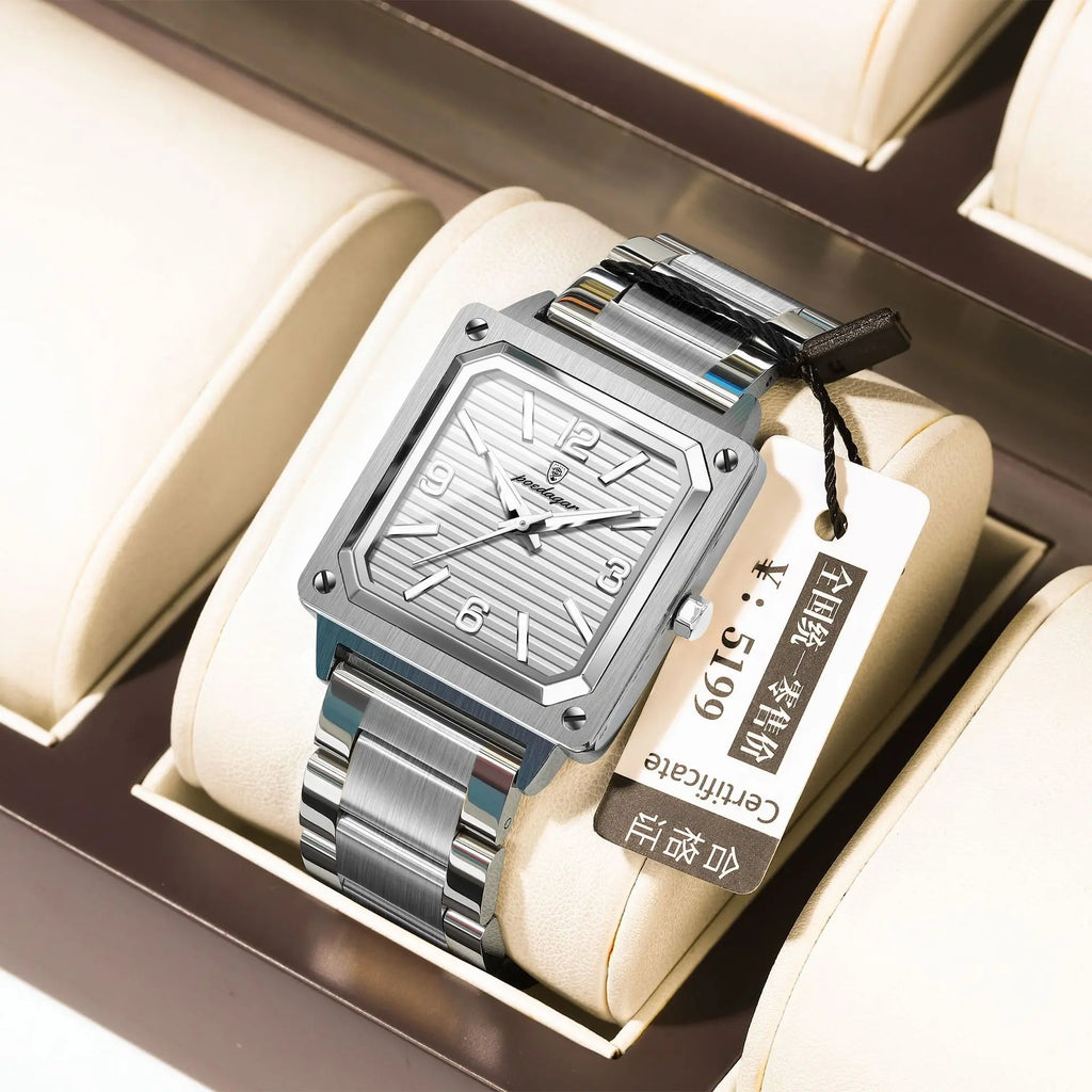 POEDAGAR 870 Big Dial Square Quartz Watch — Day/Date, Stainless, 3BAR