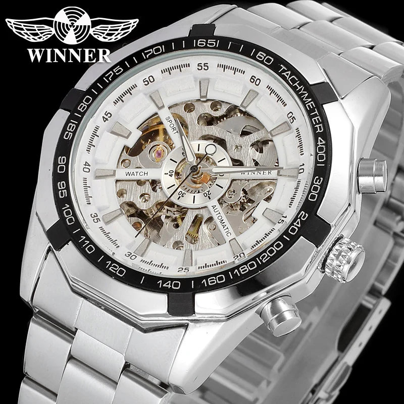 Winner Skeleton Automatic Watch — 45mm Oval, Luminous, Stainless