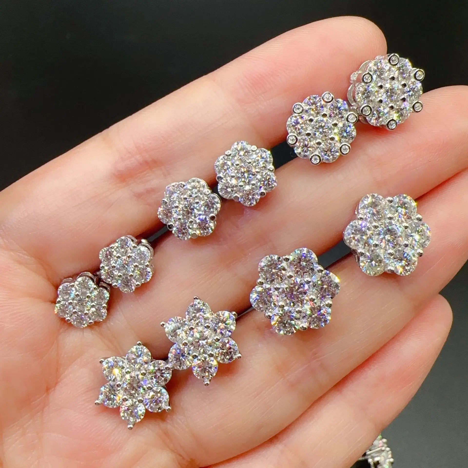 Sparkle 3MM 10 Points Diamonds 925 Sterling Silver VVS Moissanite Gold Round Diamond Cluster Flower Earrings
