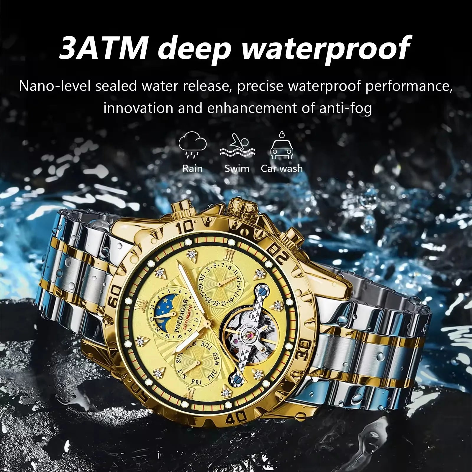 POEDAGAR 1412 Automatic Business Watch — 43mm, Stainless, Luminous