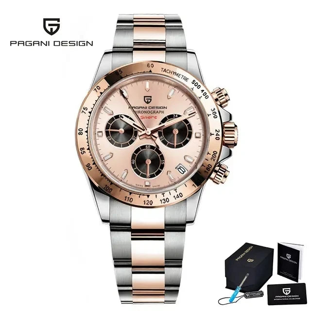 PAGANI DESIGN 1644 Rose Gold Diamond Chronograph Watch — Sapphire, 10BAR