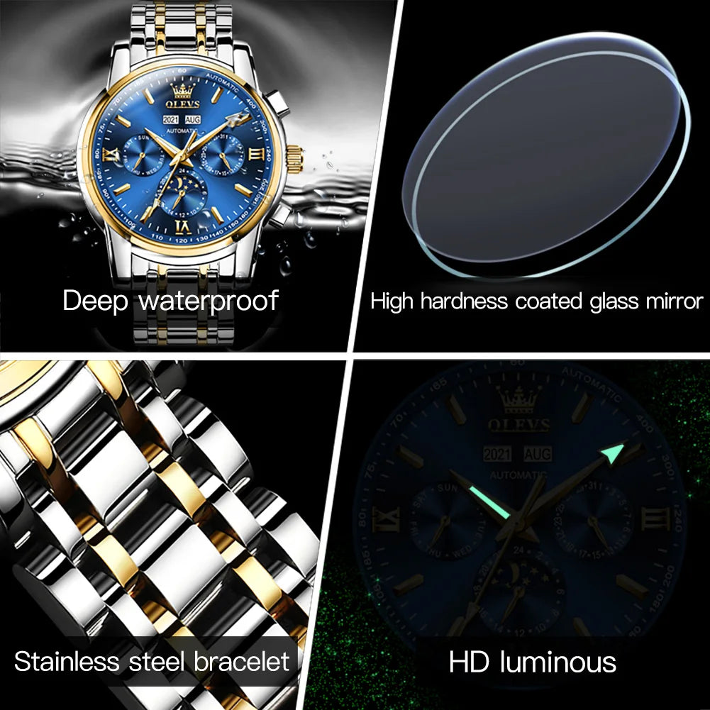 OLEVS 6633 Automatic Mechanical Watch — 42mm, Week Display, Luminous