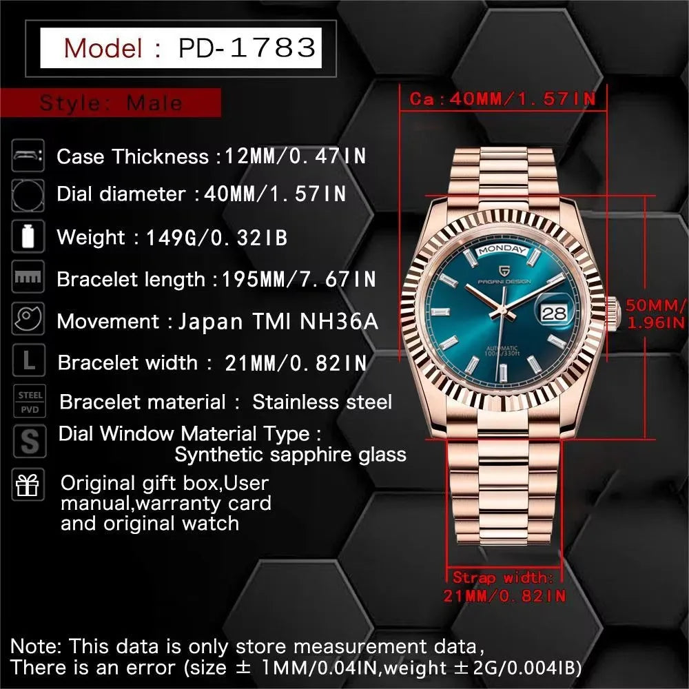 PAGANI DESIGN 1783 Rose Gold Automatic Watch — Sapphire, 10BAR, 40mm