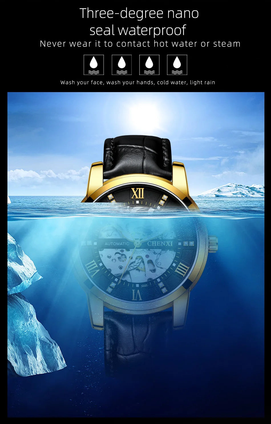 CHENXI 8802 Hollow Mechanical Watch — 40mm Oval, Leather Strap, Luminous