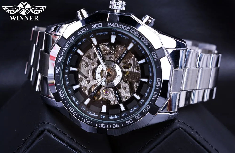 Winner Skeleton Automatic Watch — 45mm Oval, Luminous, Stainless