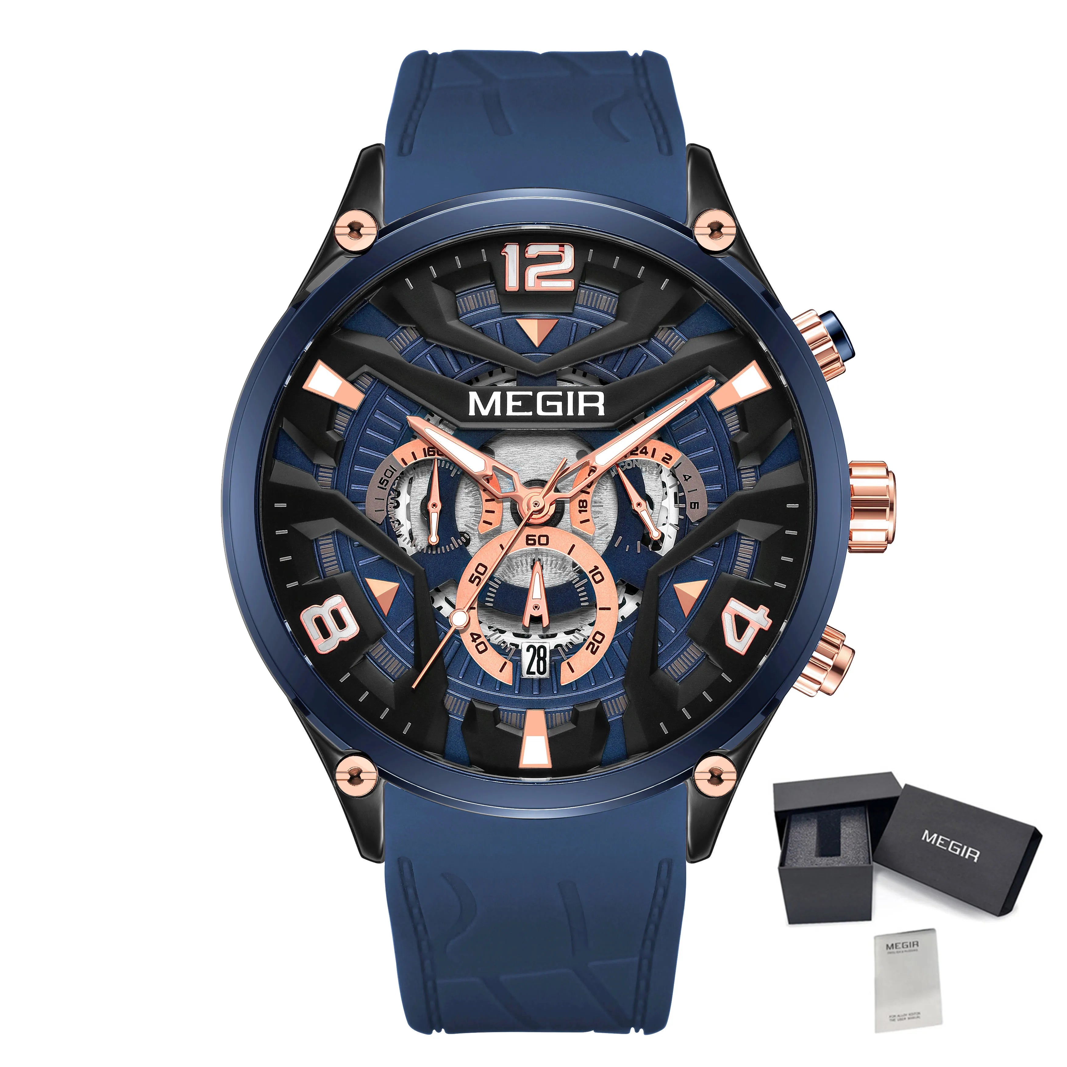 MEGIR 2222 Chronograph Silicone Watch — 43mm, Luminous, Day/Date