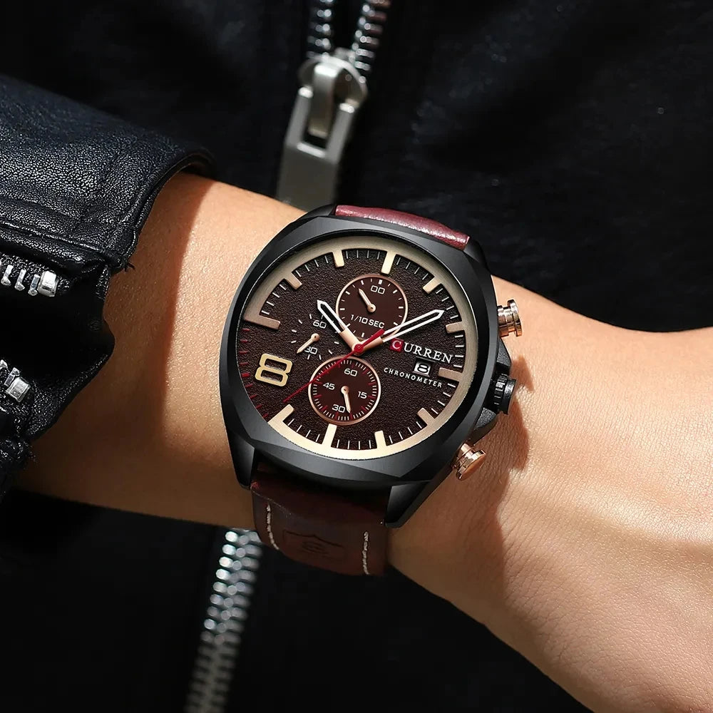 CURREN 8324 Chronograph Leather Quartz Watch — 45mm, Luxury Fashion