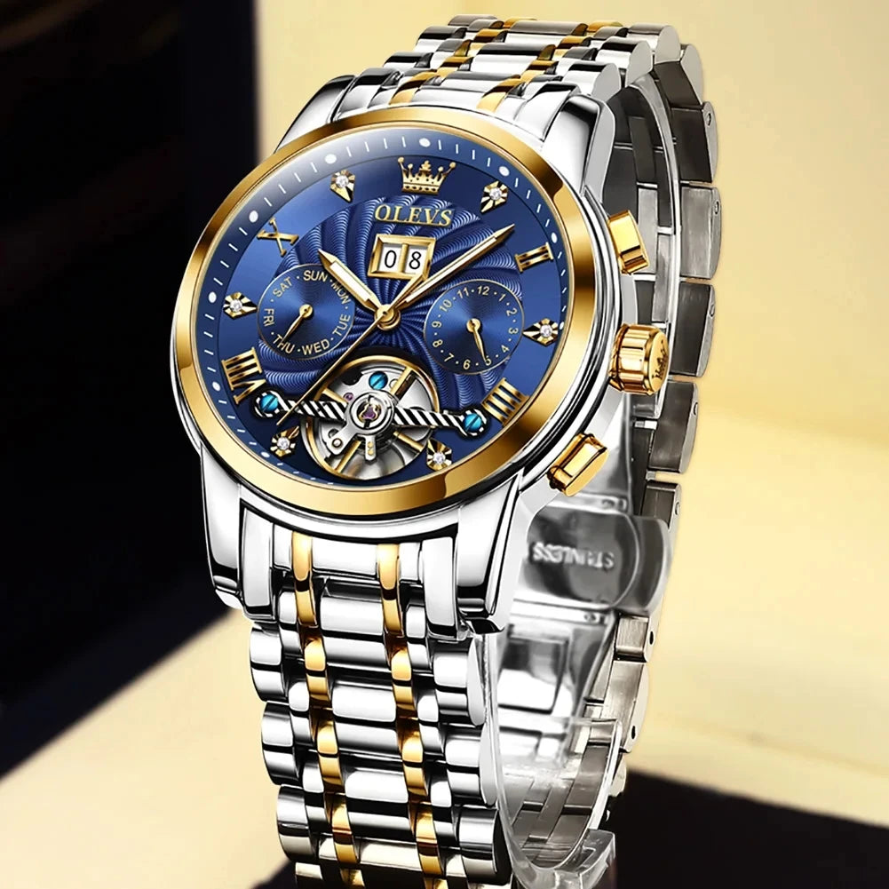 OLEVS 9910 Automatic Mechanical Watch — 41mm, Luminous, Steel Bracelet