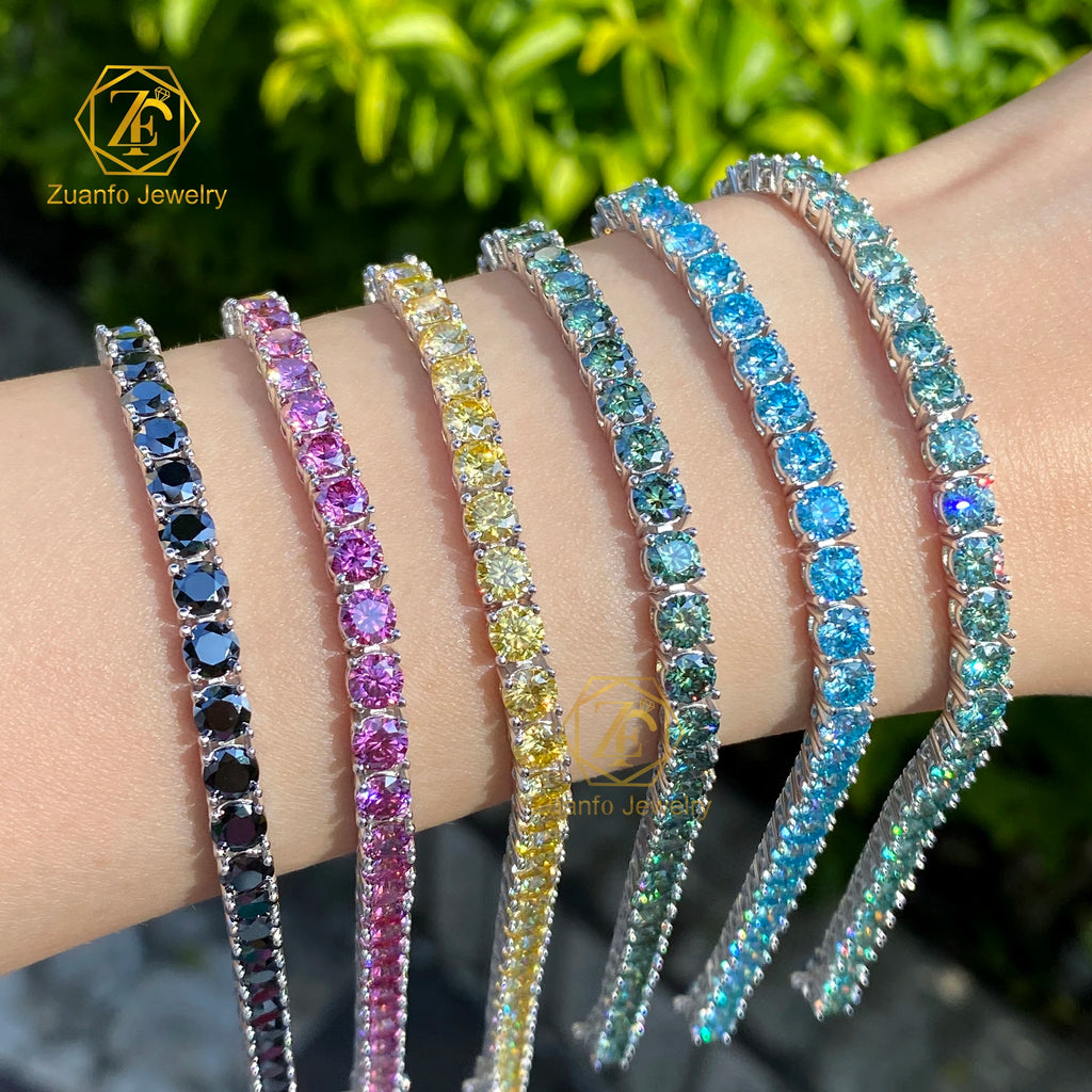 2026 Customizable 925 Sterling Silver Tennis Bracelet Blue-Pink-Yellow-Black-Blue-Green Moissanite Jewelry Gold Plated Gift