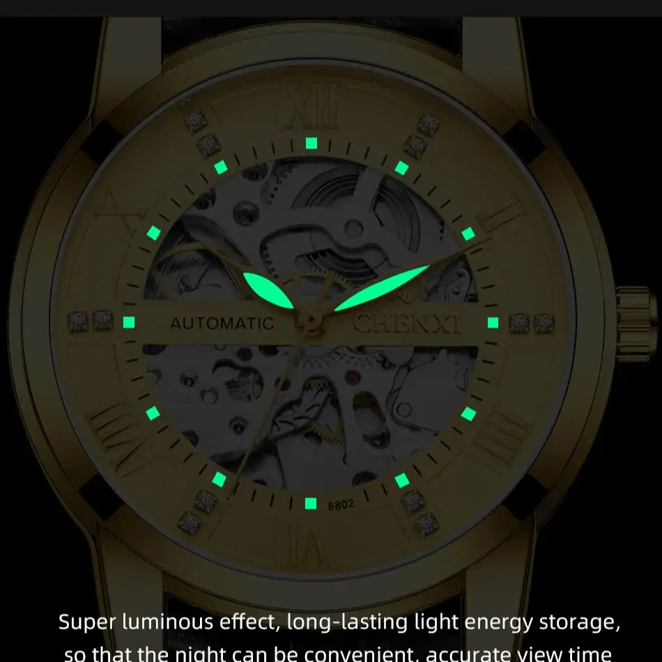 CHENXI 8802 Hollow Mechanical Watch — 40mm Oval, Leather Strap, Luminous