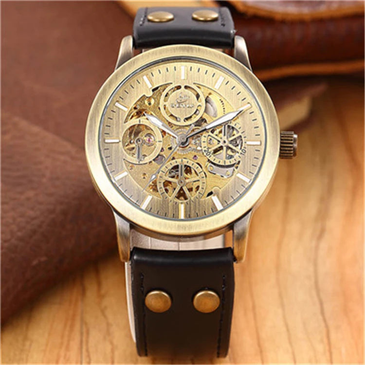 SHENHUA Vintage Bronze Transparent Automatic Watch — 42mm, Hardlex, Leather