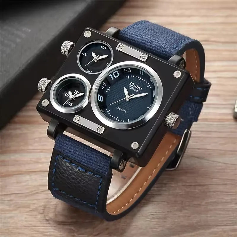Oulm 3595 Large Dial Dual Time Zone Quartz Watch — 50mm Square, Leather