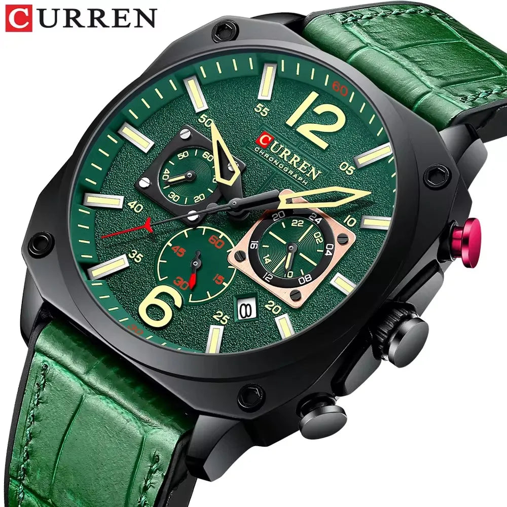 CURREN 8398 Leather Chronograph Watch — 45mm, Luminous, Stopwatch