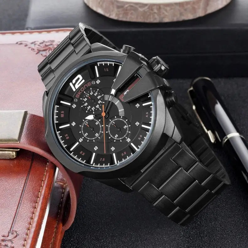 SKONE 7428 Chronograph Quartz Watch — 45mm, Day/Date, Hardlex, Hidden Clasp