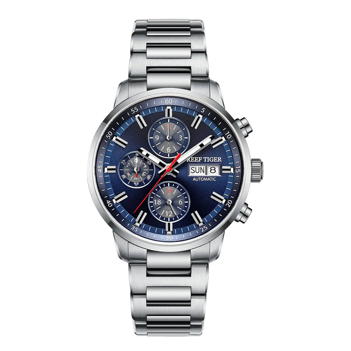 Reef Tiger Blue Chronograph Automatic Watch — Sapphire, 10BAR, 40mm