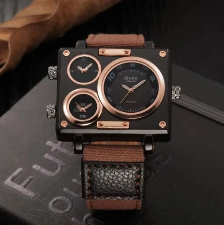 Oulm 3595 Large Dial Dual Time Zone Quartz Watch — 50mm Square, Leather