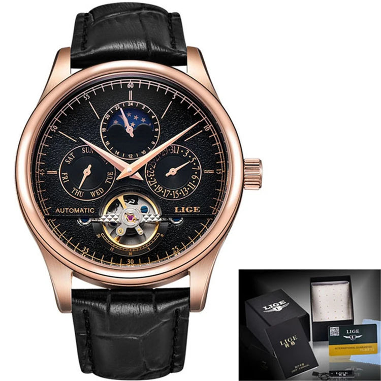 LIGE Skeleton Moon Phase Quartz Watch — 42mm, Leather, Japan Movement