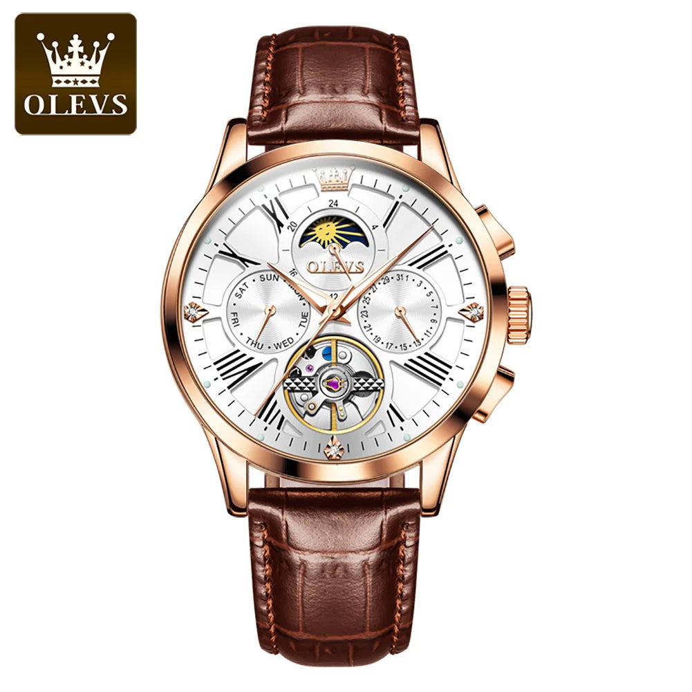 OLEVS 9912 Automatic Mechanical Watch — 40.5mm, Leather, Coated Glass