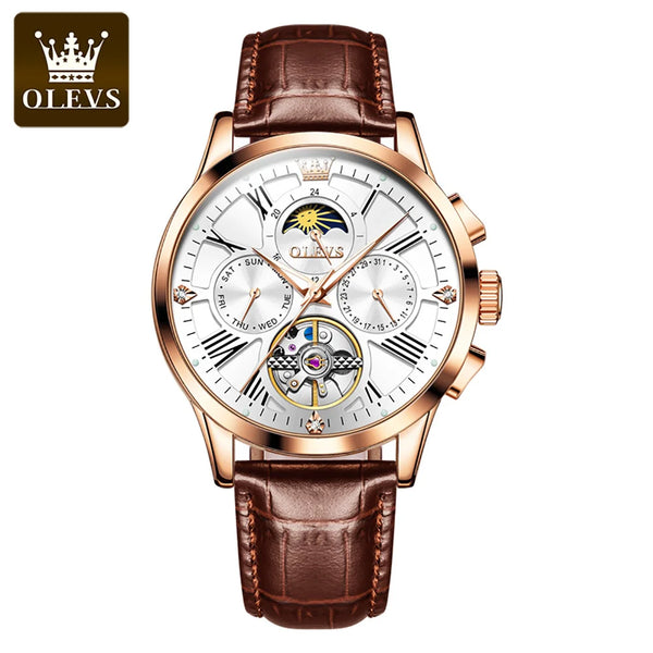 OLEVS 9912 Automatic Mechanical Watch — 40.5mm, Leather, Coated Glass