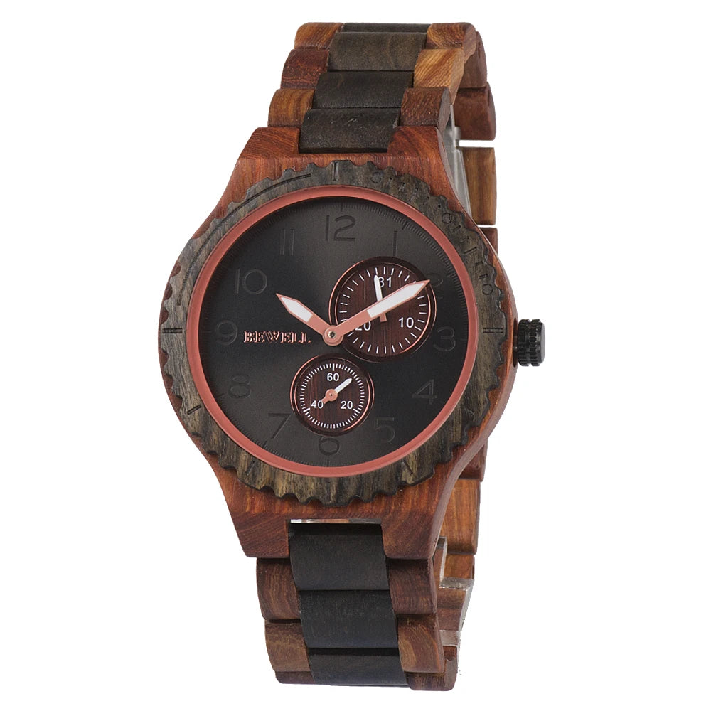 BEWELL Natural Wood Quartz Watch — 45mm, Japanese Movement