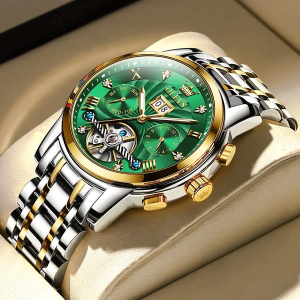 OLEVS 9910 Automatic Mechanical Watch — 41mm, Luminous, Steel Bracelet