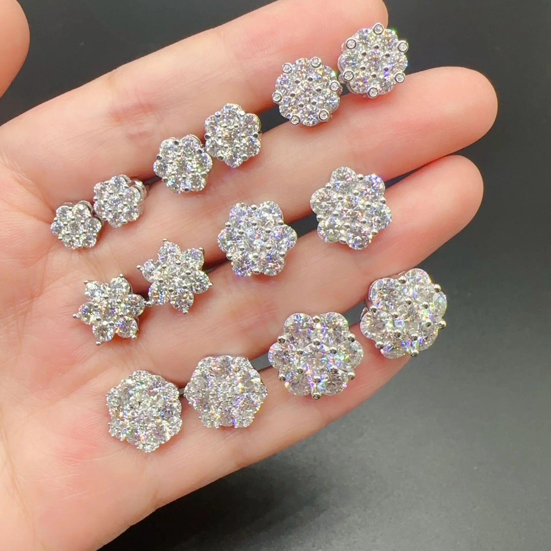 Sparkle 3MM 10 Points Diamonds 925 Sterling Silver VVS Moissanite Gold Round Diamond Cluster Flower Earrings