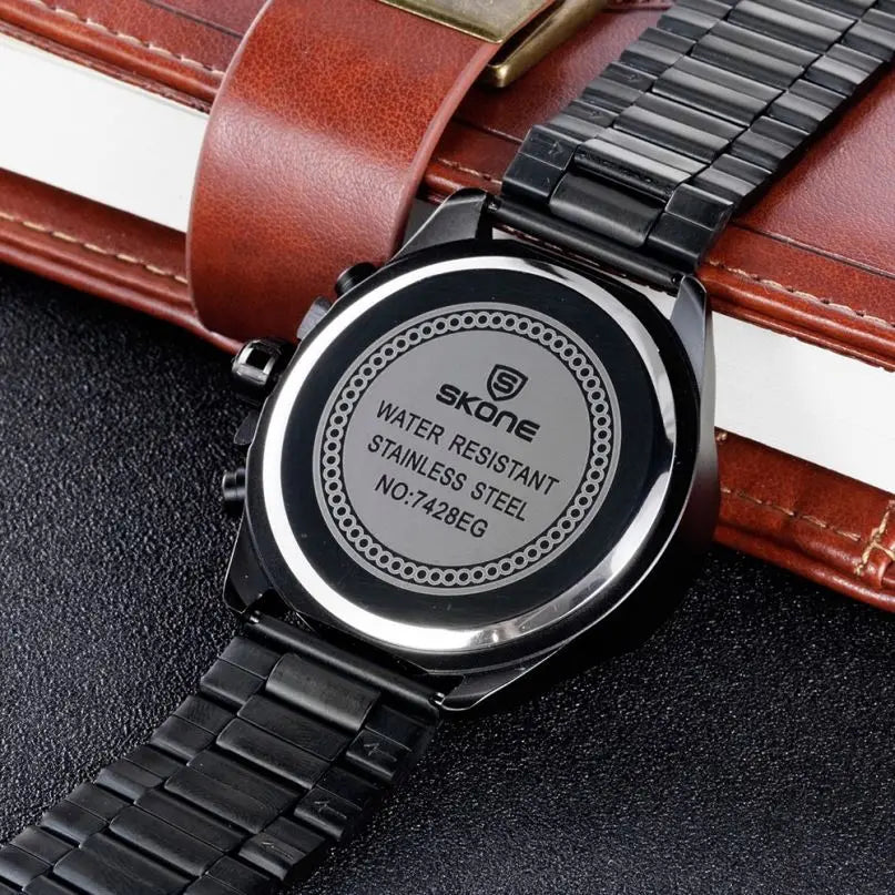 SKONE 7428 Chronograph Quartz Watch — 45mm, Day/Date, Hardlex, Hidden Clasp
